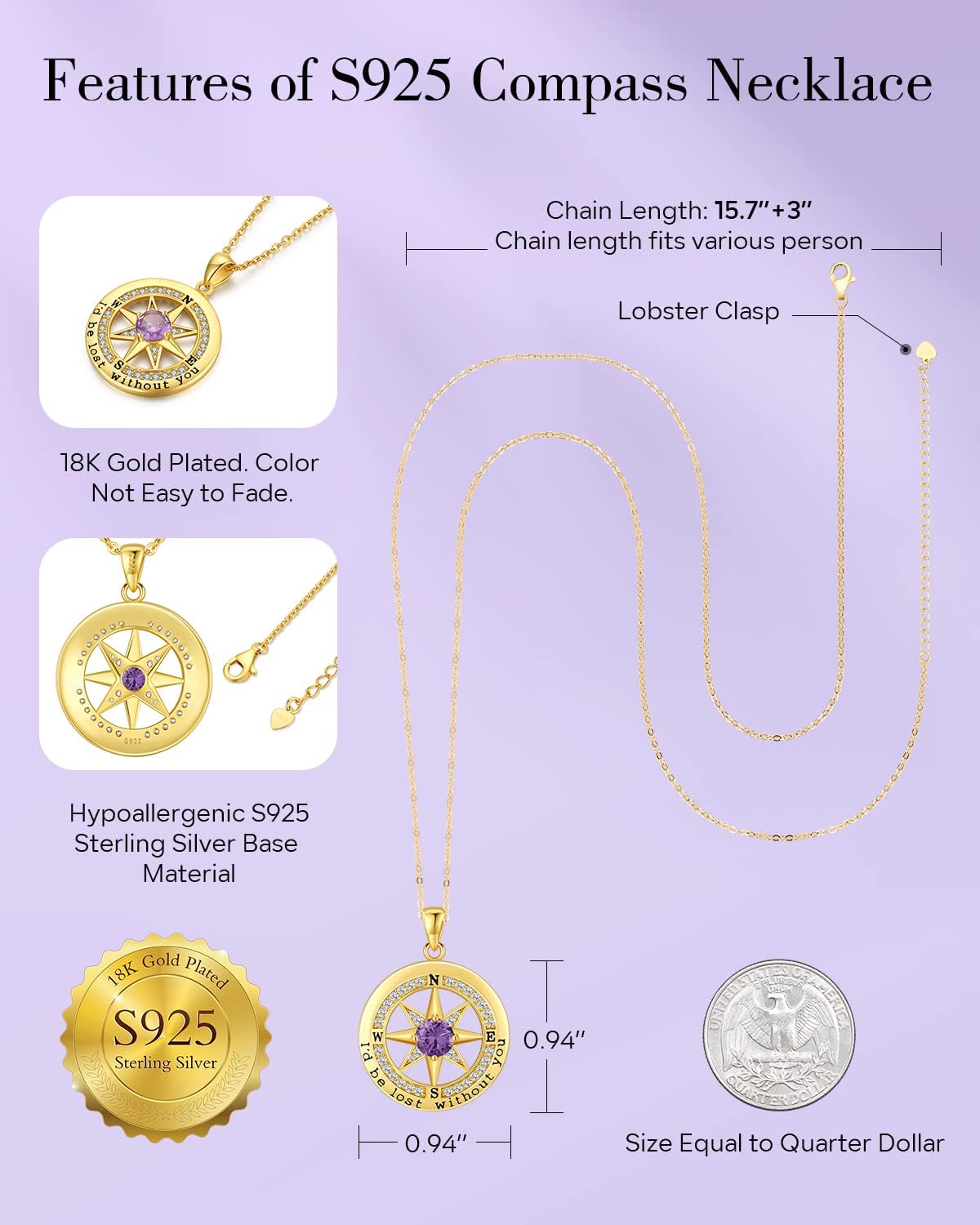 S925 Necklace Gift for Wife |Compass Jewelry |Women Anniversary |Sterling Silver |Girlfriend Birthday Gifts for Her Valentines |I'd be Lost without You |Jewel 18K Gold