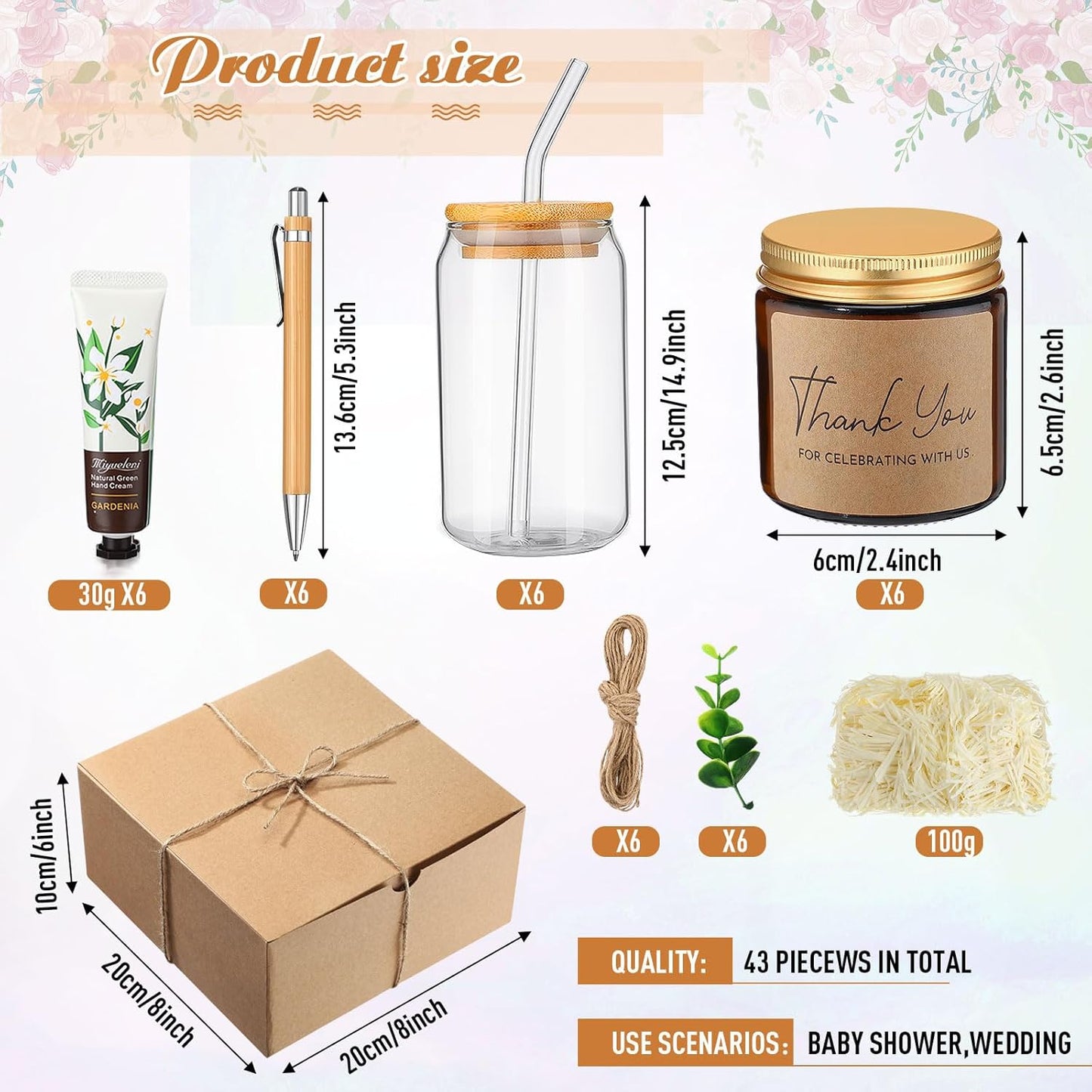 6 Sets Baby Shower Game Prizes for Winners, Glass Cup Scented Candles Hand Cream Pens Gift Box with Raffia for Baby Shower Wedding Bridal Favors for Guests(Khaki)