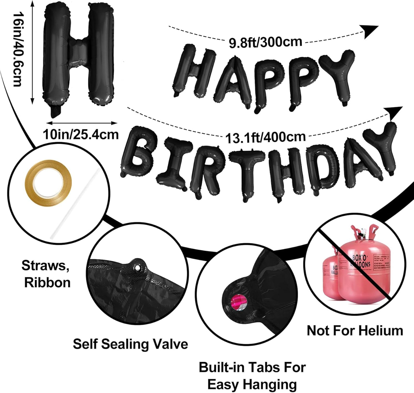 LIOZEOKUN Happy Birthday Balloon Letters 16 inch Mylar Foil Birthday Balloons Banner Sign for Birthday Party Decorations Supplies (Black)