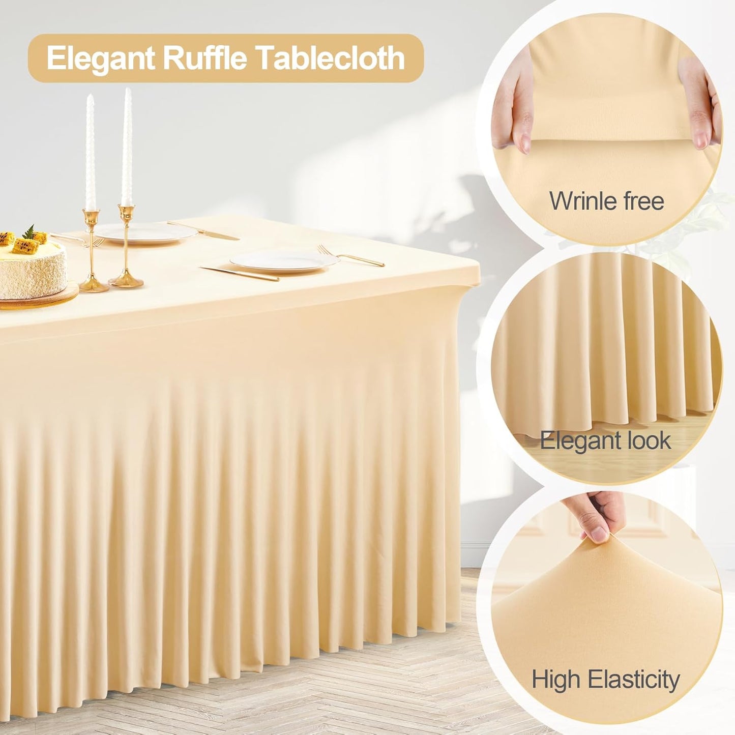 PARTISKY Champagne Spandex Tablecloth for 8ft Rectangle Tables, Stretchable Table Cover Skirt for Folding Tables Weddings Parties Banquets Events Trade Shows and Dessert Table