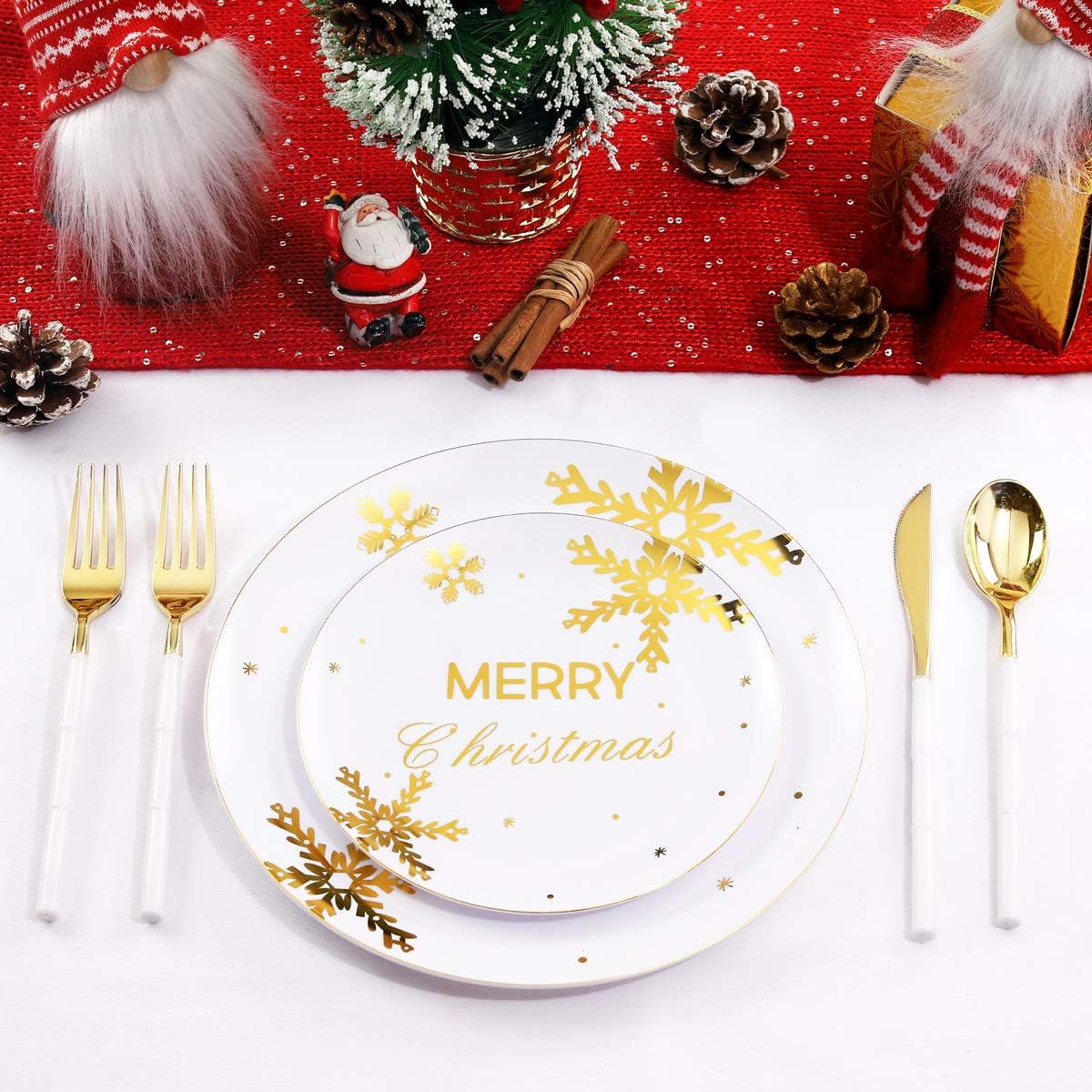 WDF 50Pieces Christmas Plates Gold Plastic Plates - Snowflake Plastic Plate-Heavyweight White and Gold Disposable Plate for Christmas