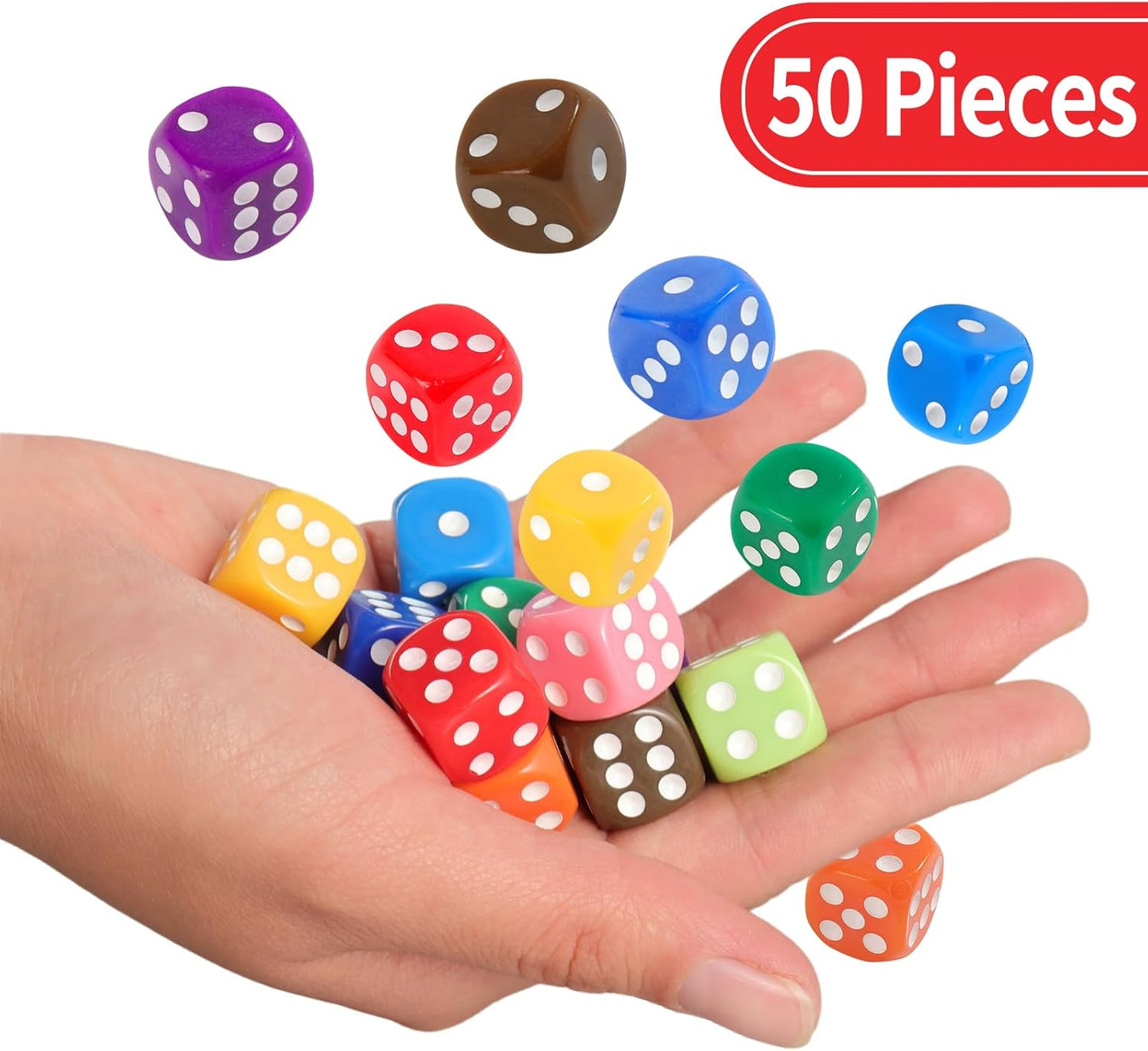 16MM Standard 6 Sided Dice Set, 50 Pieces Colorful Dice for Board Games, Classroom Math Bulk Game Dice, Make Entertainment More Exciting