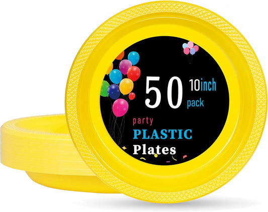 WELLIFE 10 Inch Plastic Plates Yellow 50 Count Disposable Plate for Party, Large Big Plates for Dinner Party Supplies Birthday Camping BBQ