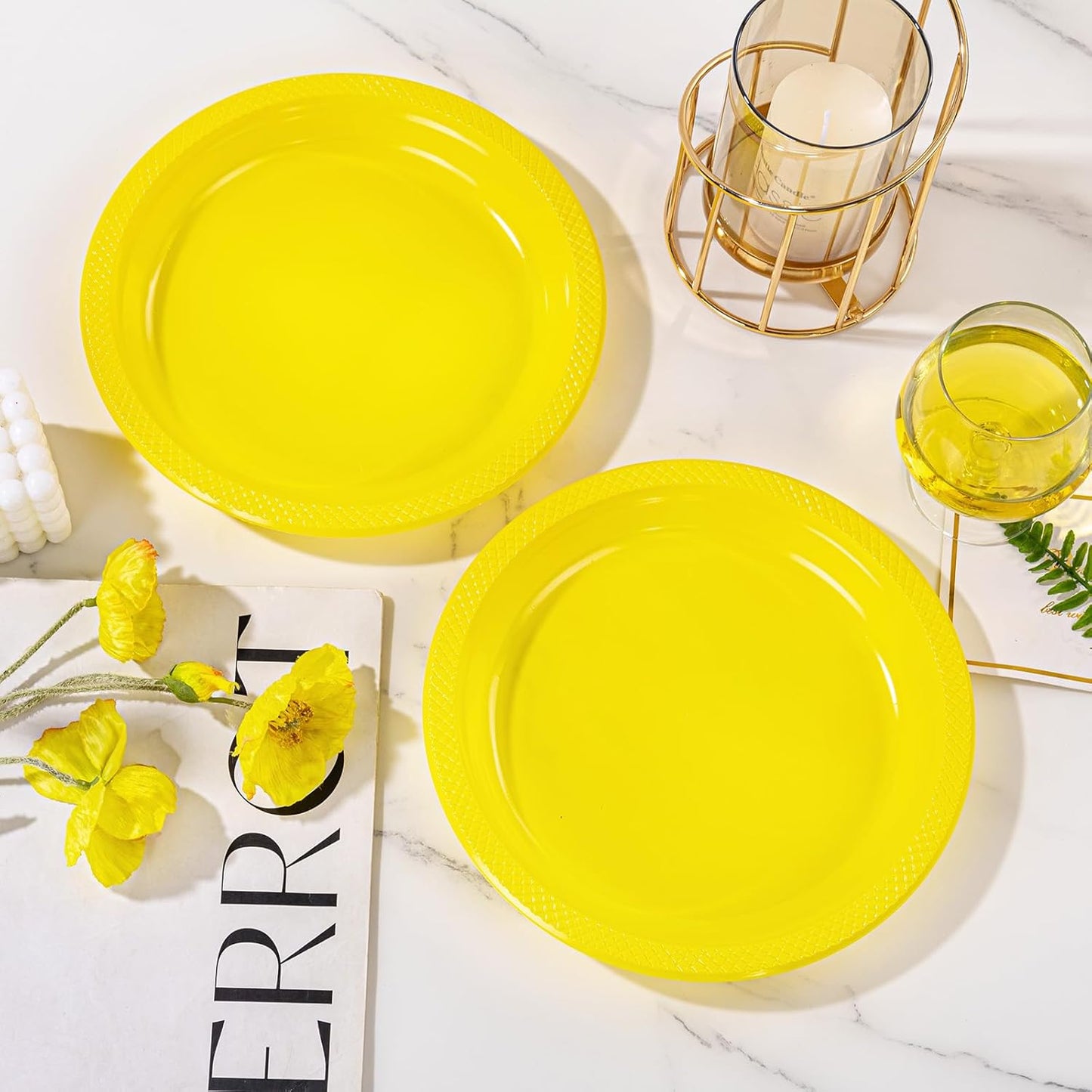 WELLIFE 9 Inch Plastic Plates Yellow 50 Count Disposable Plate for Party, Dessert Plates for Dinner Cake Salad Supplies Birthday