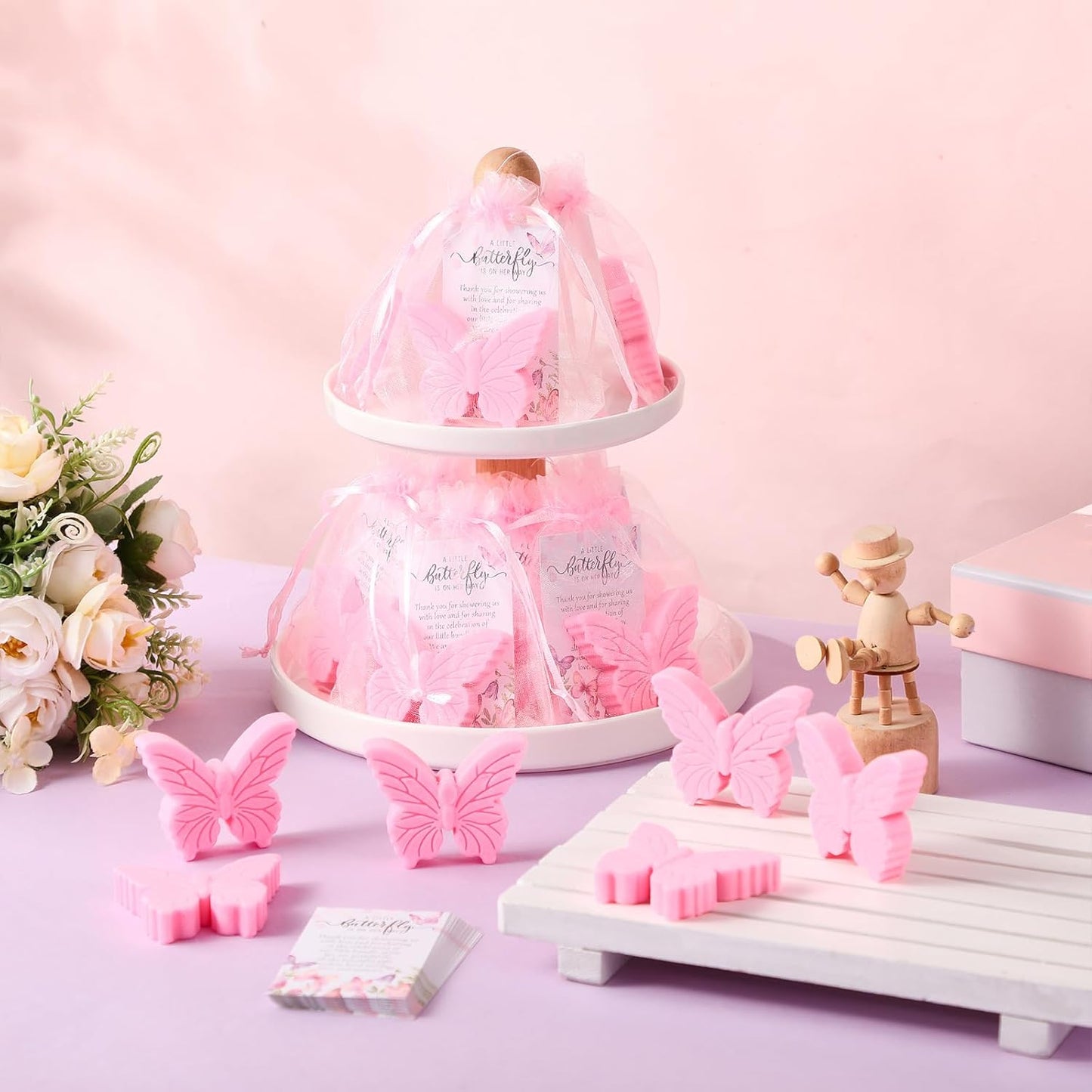 50 Sets Butterfly Themed Baby Shower Favors Butterfly Soap with Thank You Cards Gift Bag for Guest Gender Reveal Party Decorations Baby Shower Game Prizes Wedding Favor(Pink)