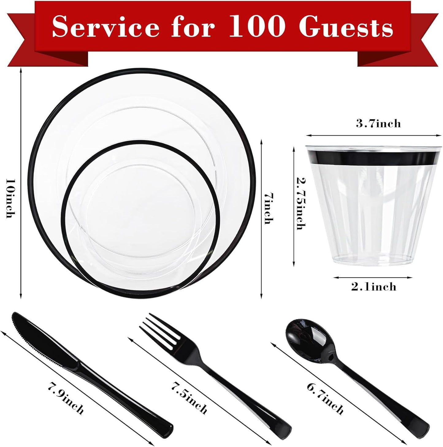 N9R 600PCS Clear and Black Disposable Plates Set, Heavy Duty Plastic Dinnerware Set for 100 Guests Includes 100 Dinner & Dessert Plates, Cups, Spoons, Forks, and Knives, Perfect for Parties, Weddings