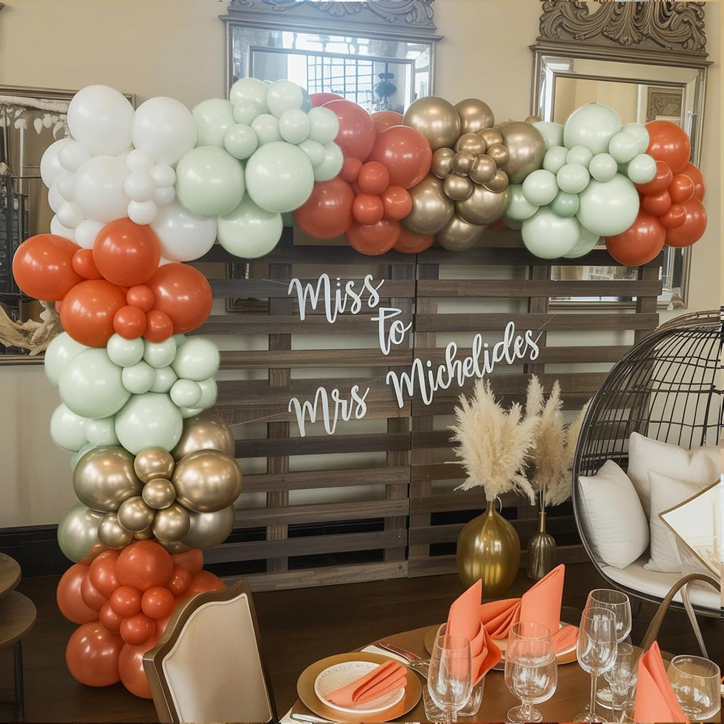 Fall Balloons Set, 12 Inch Thanksgiving Balloons, Retro Burnt Terracotta Rust Orange Dusty Sage Mint Green White Metallic Gold Latex Balloon for Thanksgiving Autumn Harvest Fall Birthday Decorations