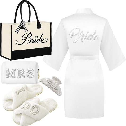 Bride To Be Gift Set - Makeup Bag, Slippers, Robe, Hair Clip - Wedding Gifts