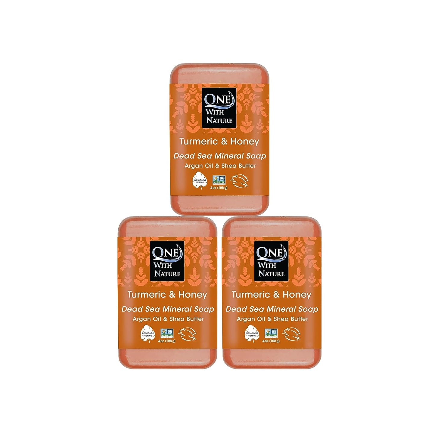 One With Nature Dead Sea Salt Turmeric Soap 4oz 3-Pack – Purifying and Exfoliating Soap Bar with Dead Sea Minerals and Turmeric for Face & Body, for Men & Women