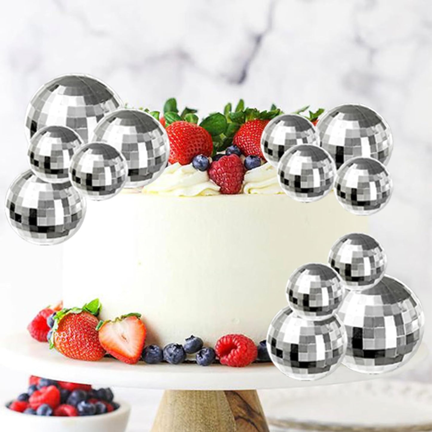 24 PCS Disco Ball Cupcake Toppers Christmas Disco Balls Cake Decorations Glitter Foam Ball DIY Balloons Cake Topper Decoration for Disco Theme Baby Shower Birthday Christmas Party Supplies Silver