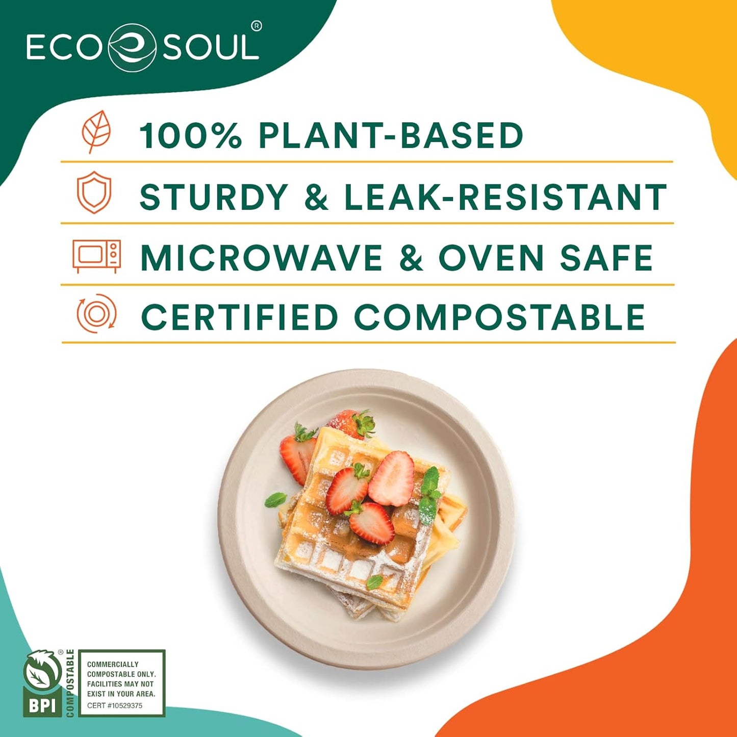 ECO SOUL Compostable 9 Inch(100-Pack) Biodegradable Disposable Paper Plates | Eco-Friendly Dinner, Party, Wedding, Event (100)