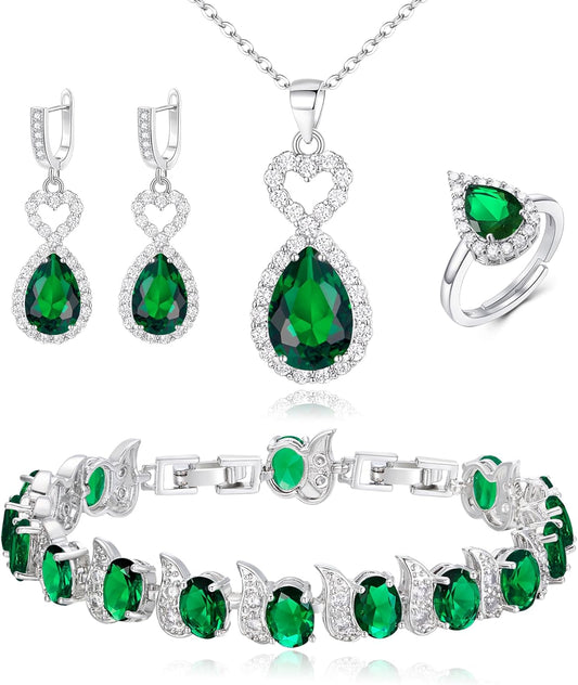 BriLove Wedding Jewelry Set for Women Bride Bridesmaid, Gorgeous Cubic Zirconia Teardrop Necklace Earrings Bracelet Adjustable Ring Jewelry Gift for Birthday/Anniversary/Mother’s Day