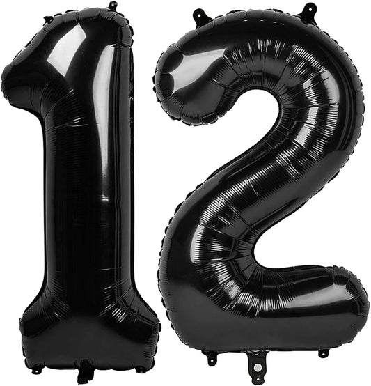 Black Number 12 Balloon 40 inch, 12 Number Balloons, 12th Black Birthday Decorations, 12 Year Old Girls Boys Party Supplies