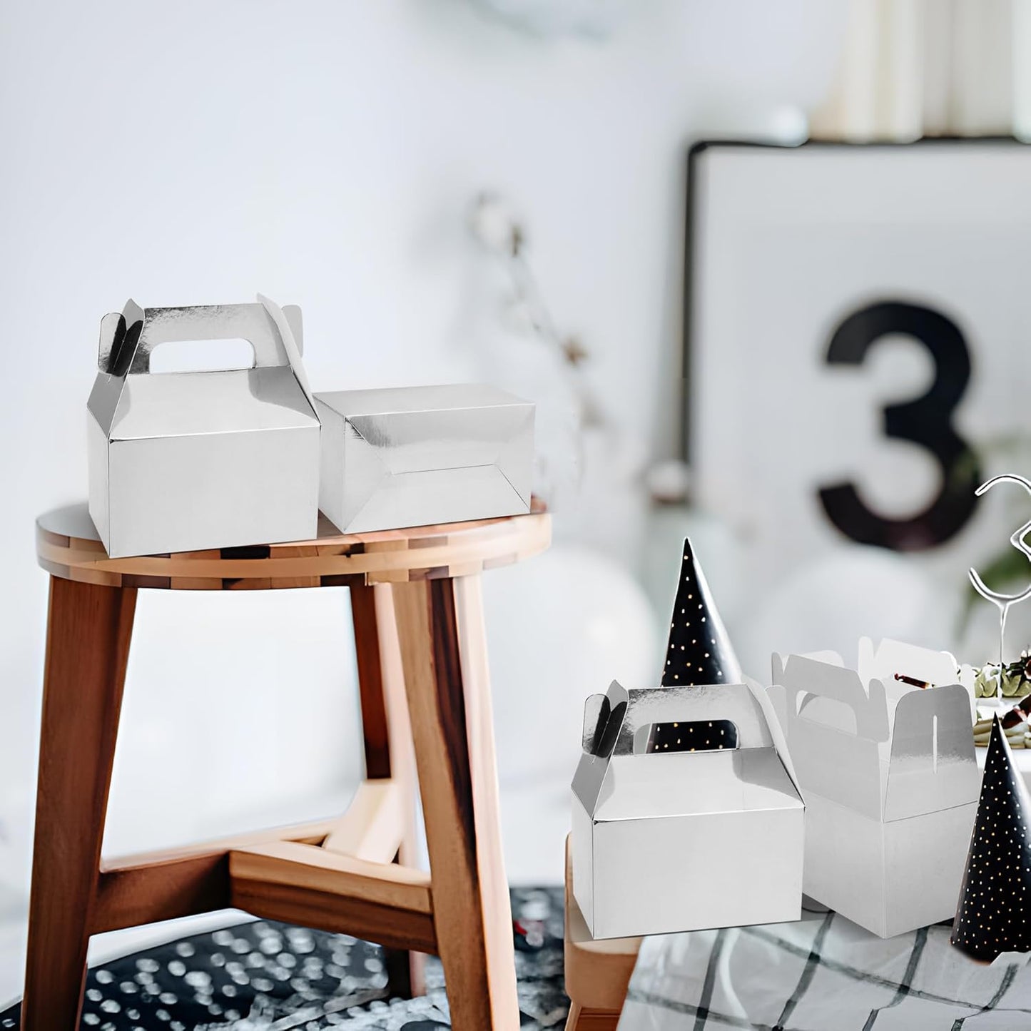 XAGLVV 24 Pcs Silver Party Favor Box, 6.2 * 3.5 * 3.5 Inch Gable Box,Treat Box Party Favor with Handles,Goodie Boxes for Kids Birthday,Wedding, Classroom Activity, Babyshower