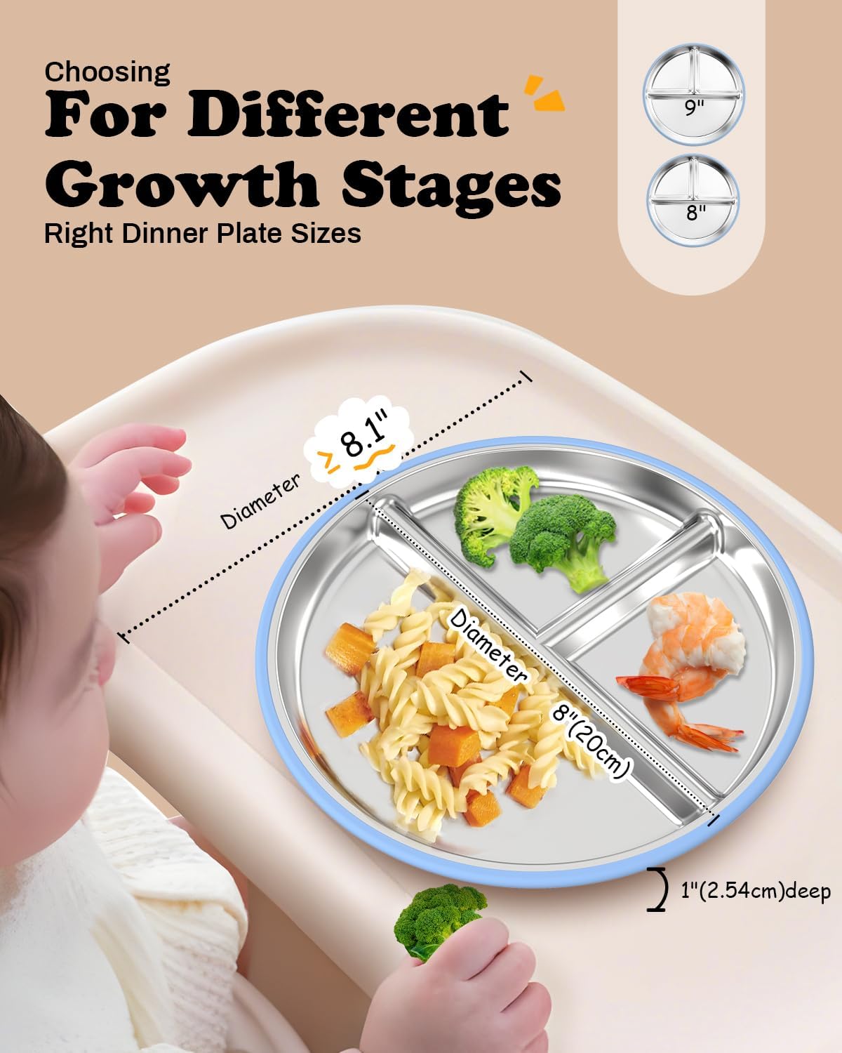 Stainless Steel Toddler Plate with Suction, 8” Divided Plates with Removable Silicone Sleeves for Baby, Non Toxic Unbreakable Kids Snack Dishes Set of 4, Sage Blue Gray Navy
