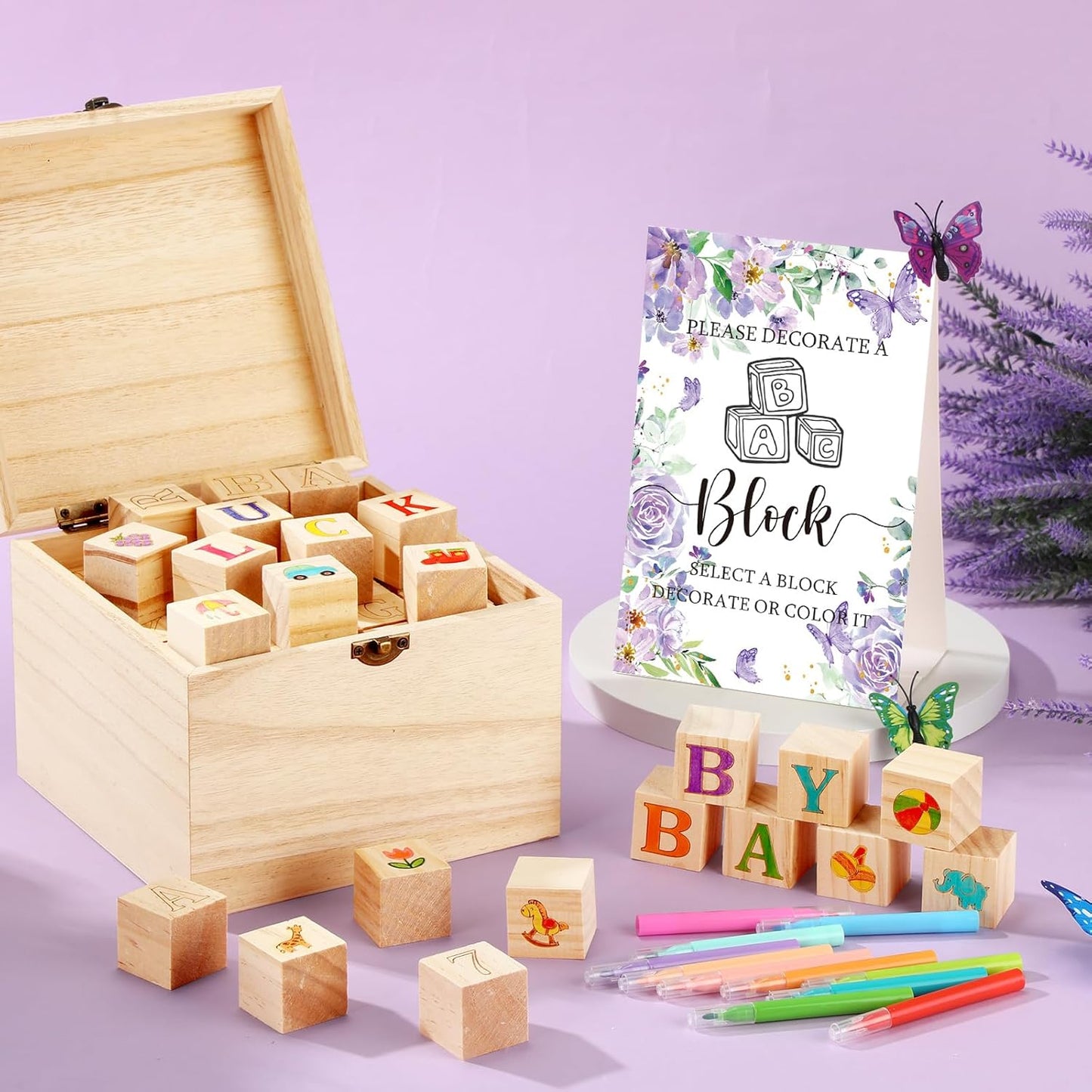 Marsui 136 Pcs Baby Shower Blocks to Decorate Game Kit Includes 98 Wooden Blocks, 36 Markers, 1 Game Sign, 1 Storage Box for Baby Shower Gender Reveal Activity Party Decorations(Butterfly)
