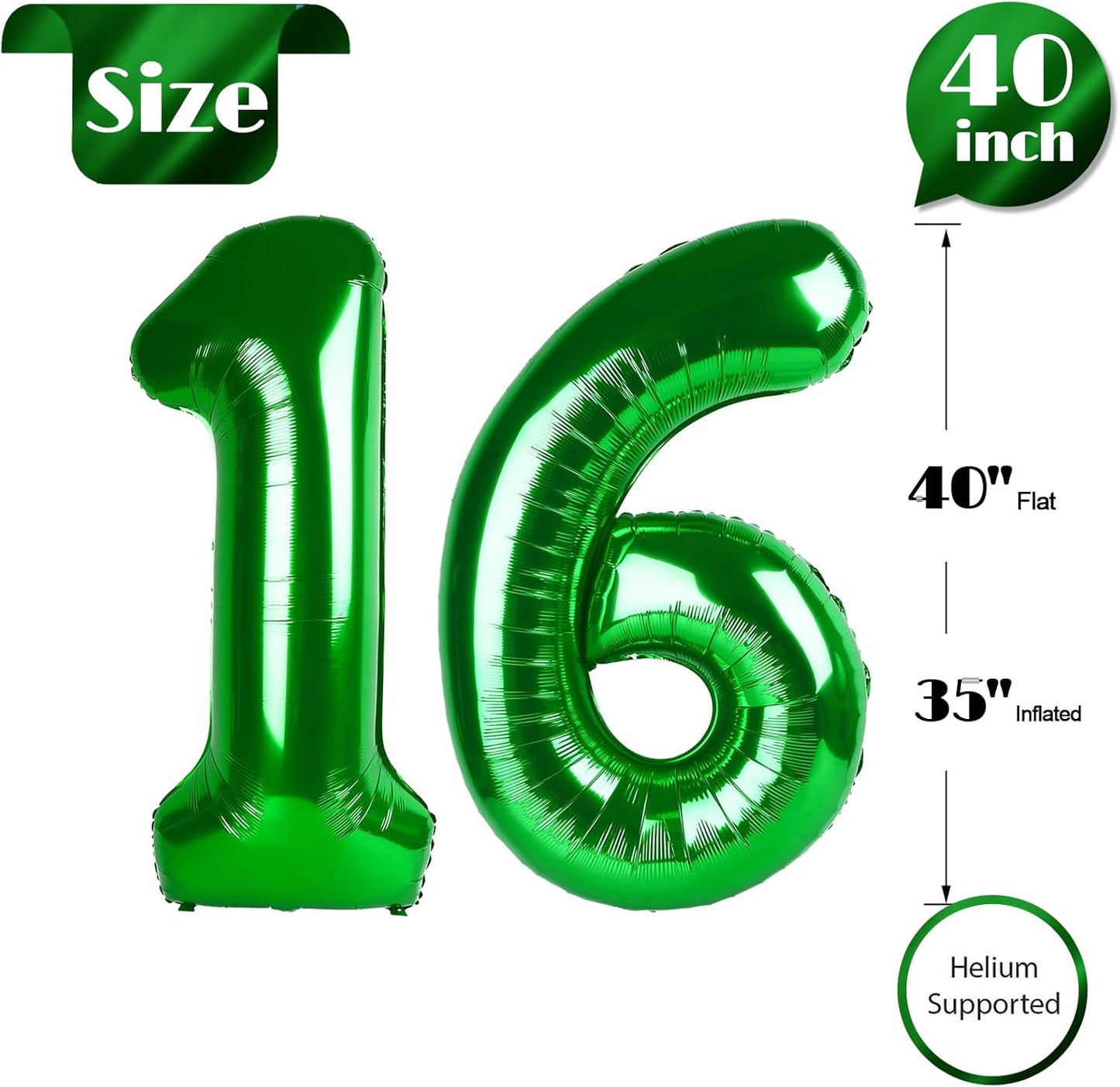Green Number 16 Balloon 40 inch, 16 Number Balloons, 16th Green Birthday Decorations for Women Men, 16 Year Old Party Supplies, St. Patrick's Day Games Theme Birthday Decorations