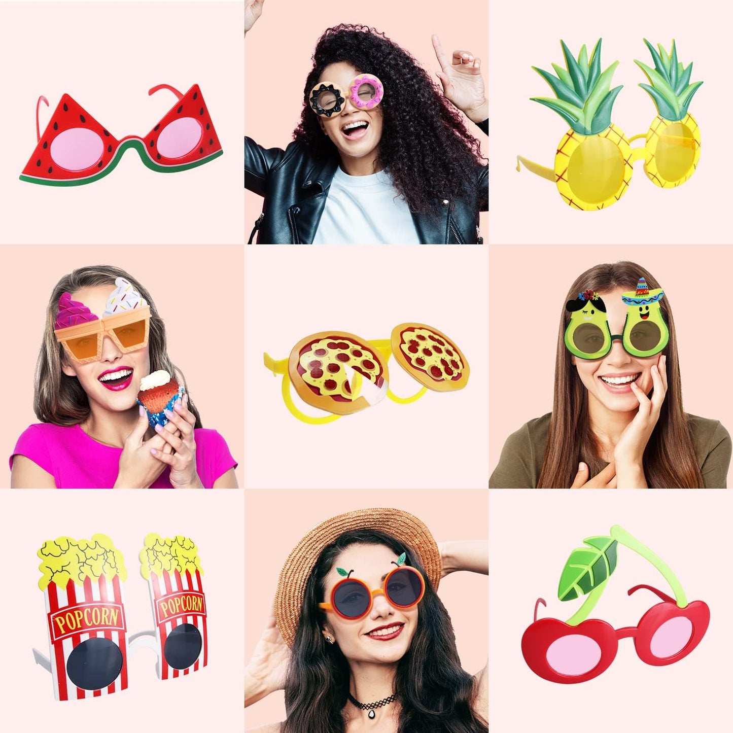 Funny Luau Donut Sunglasses - 12 Pack Novelty Tropical Fancy Glasses, Photo Booth Props for Summer Themed Party Supplies, Pizza Ice Cream Fruit Fun Masks