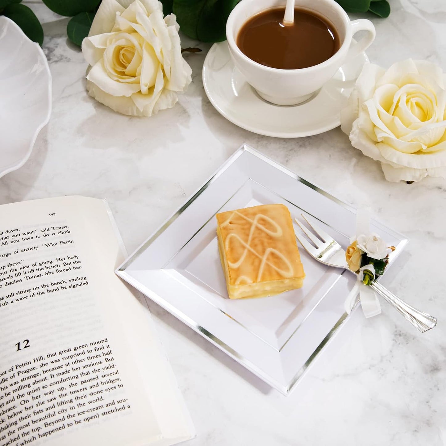 WDF Silver Plastic Dessert Plates with Plastic Forks - 6” 100 Square Disposable Appetizer Plates Small Plates Cake Plates with Silver Rim &100 Small Appetizer Forks for Christmas Party/Wedding