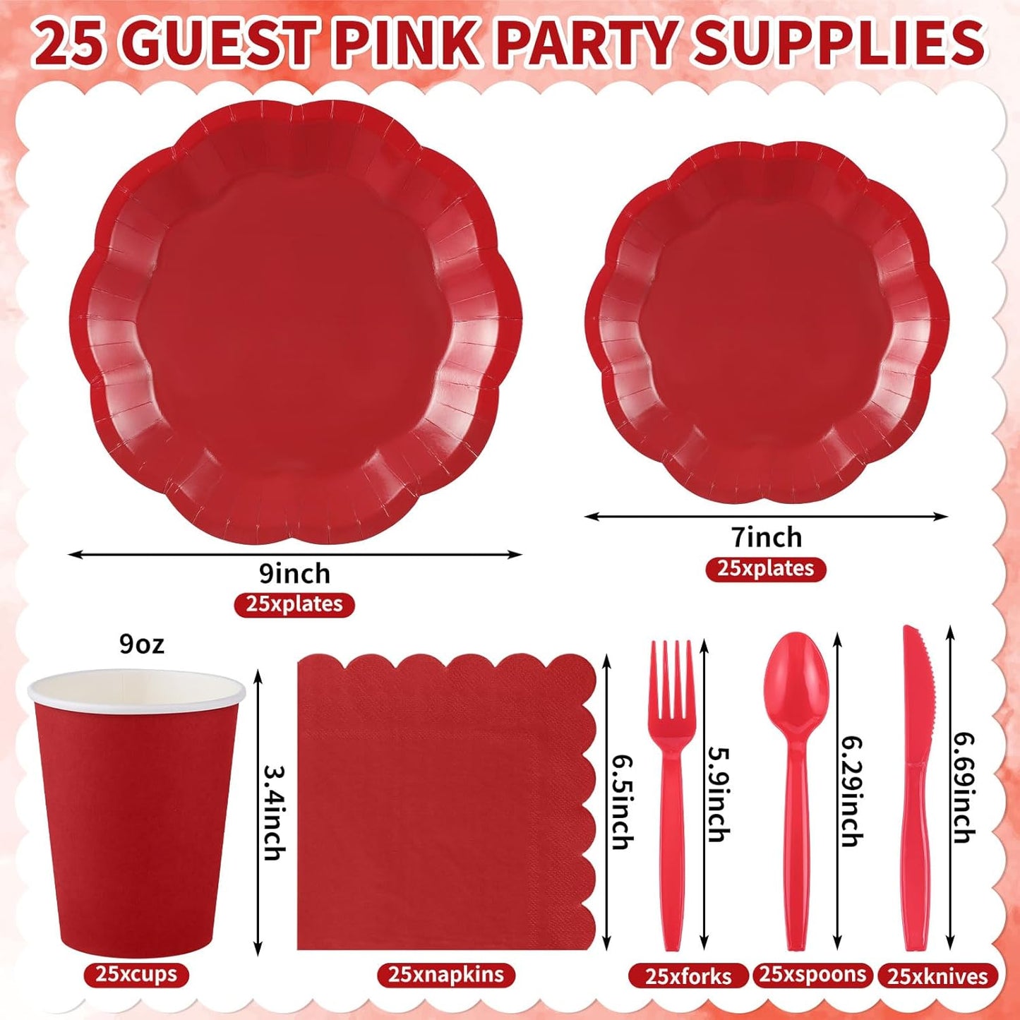 175 Pcs Christmas Red Plates and Napkins Set, 25 Guest Red Party Supplies Include Scalloped Plate Paper Napkin Cup Fork Knives Disposable Plastic Cutlery for Christmas Wedding Holiday Birthday Party