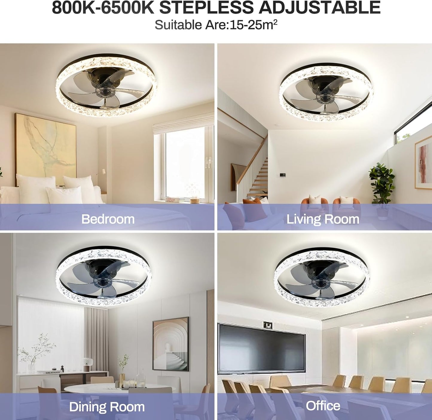 20" Low Profile Ceiling Fan with Light Modern Fandelier Ceiling Fan with Lights Dimmable LED Reversible Blades Timing with Remote Control Black Fan Lights for Living Room Small Room