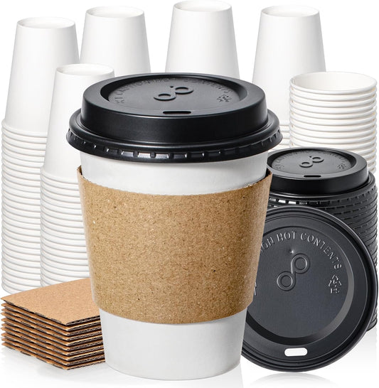 Fit Meal Prep 100 Pack 8 oz Disposable Coffee Cups with Lids, Sleeves, Leak-Proof To Go Coffee Cups with Lids, Durable Paper Cups for Hot Beverage, Home, Office, Party