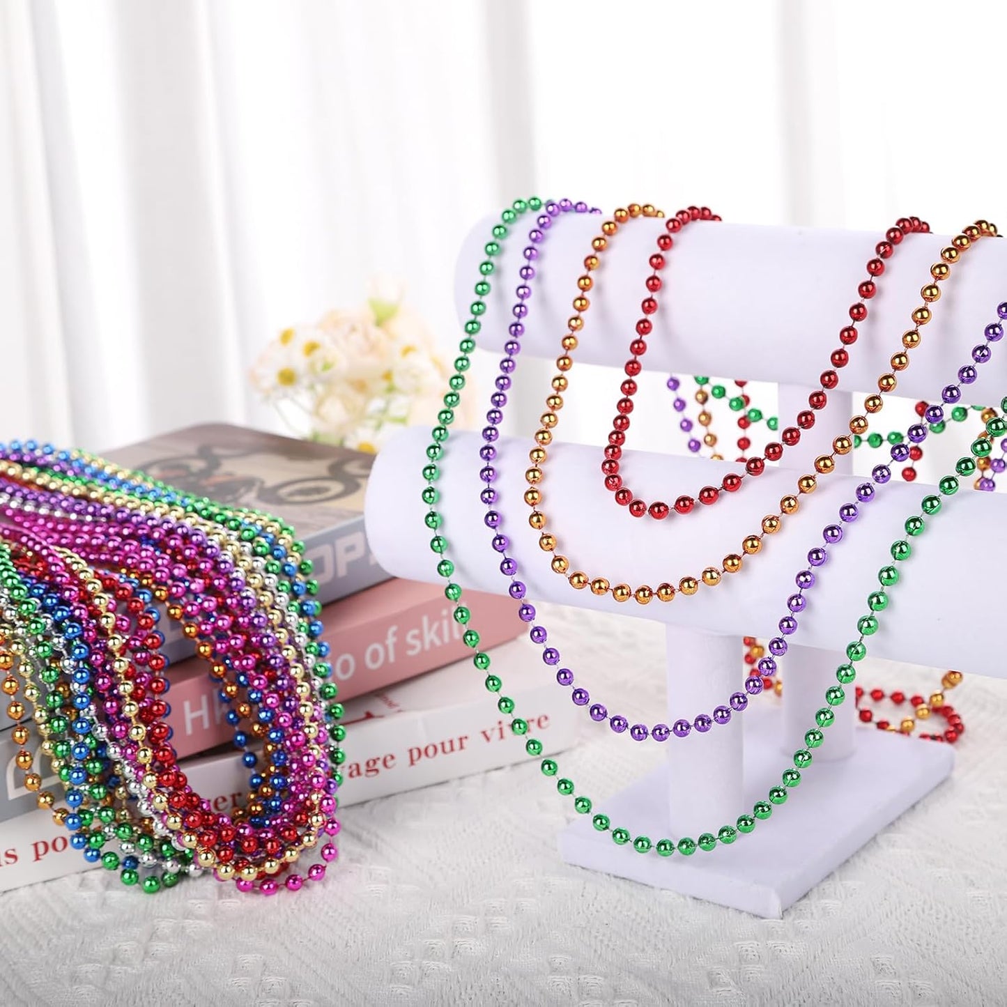 48 Pack Mardi Gras Beads Necklaces, 33 Inch Plastic Beads for Party Favors, Festival Decorations, Parade Throws, Christmas, St. Patrick's Day Celebrations