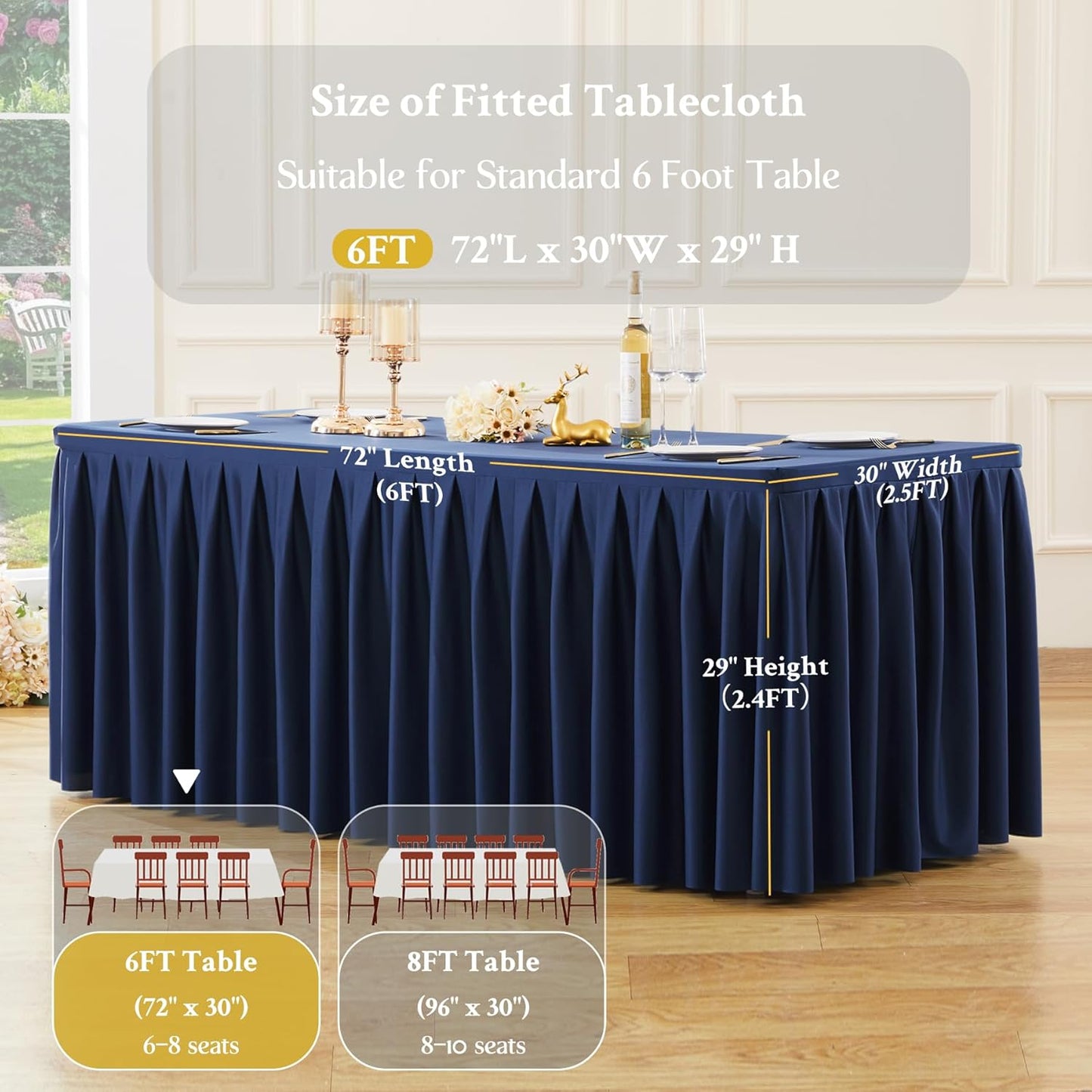 2 Pack Navy Blue Rectangle Tablecloth 6 FT Stretch Spandex Fitted Table Cloth for 6 Foot Rectangle Tables Banquet Tablecloths Wrinkle Free Table Cover Skirt Stitch Ruffle Tablecloth for Party Wedding