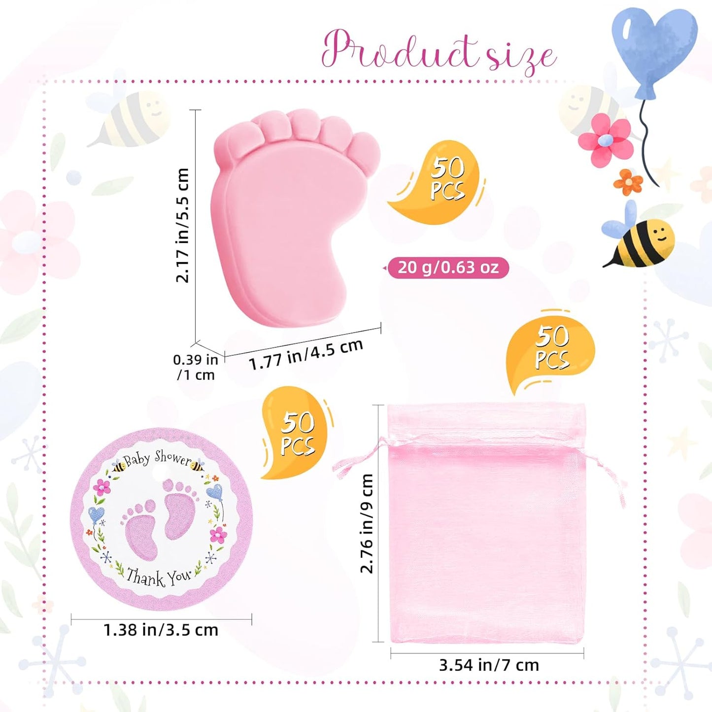 50 Sets Baby Shower Favors Refreshing Feet Soap Perfect for Guests Gifts with Organza Bags Thanks Cards Birthday Party Decoration Game Prizes（pink）