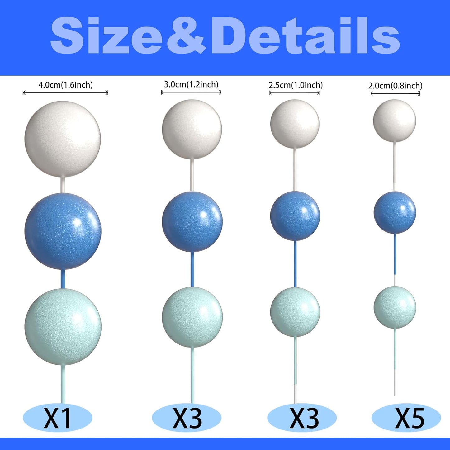 36 Pack Balls Cake Topper Decorations Foam Balloons Cake Decorations Sticks Mini Balloons Cake Toppers Balls Cake Picks for Baby Shower Wedding Anniversary Birthday Party Decorations Blue White