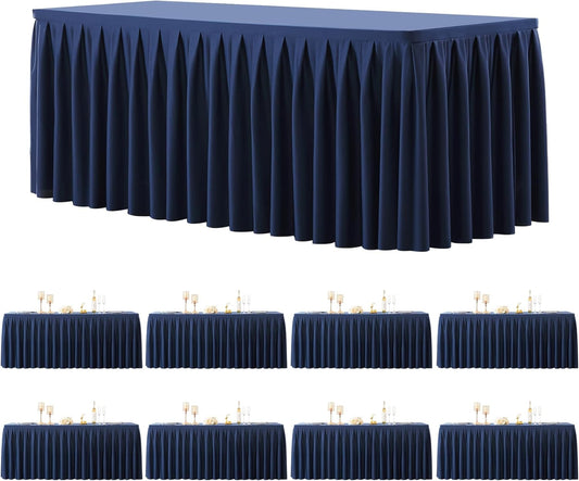 8 Pack Navy Blue Rectangle Tablecloth 8 FT Stretch Spandex Fitted Table Cloth for 8 Foot Rectangle Tables Banquet Tablecloths Wrinkle Free Table Cover Skirt Ruffle Tablecloth for Party Wedding
