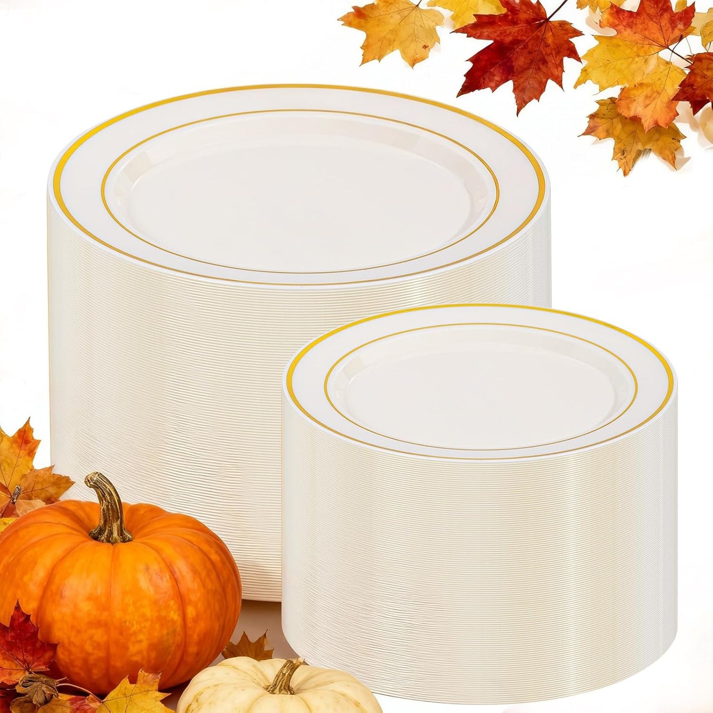 I00000 200 Pcs Gold and Ivory Plastic Plates, Ivory Disposable Party Plates Include 100 Dinner Plate 10’’ and 100 Plastic Dessert Plate 7’’ Perfect for Birthday, Party & Wedding