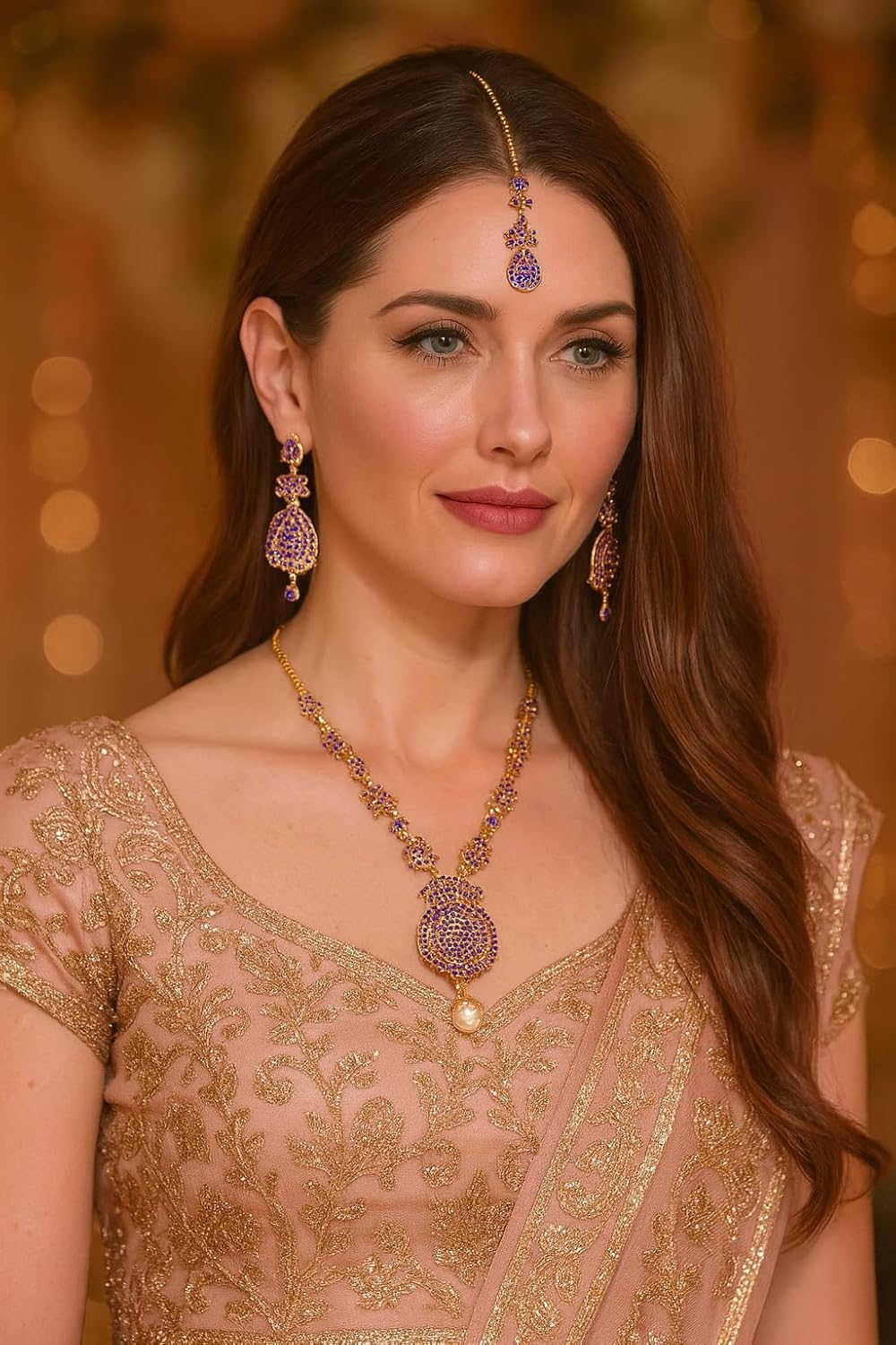 Touchstone Indian jewelry sets for women maang tikka wedding guest gold necklace bollywood jewellery set pageant elegant prom bride accessories western crystal chunky rhinestone necklaces