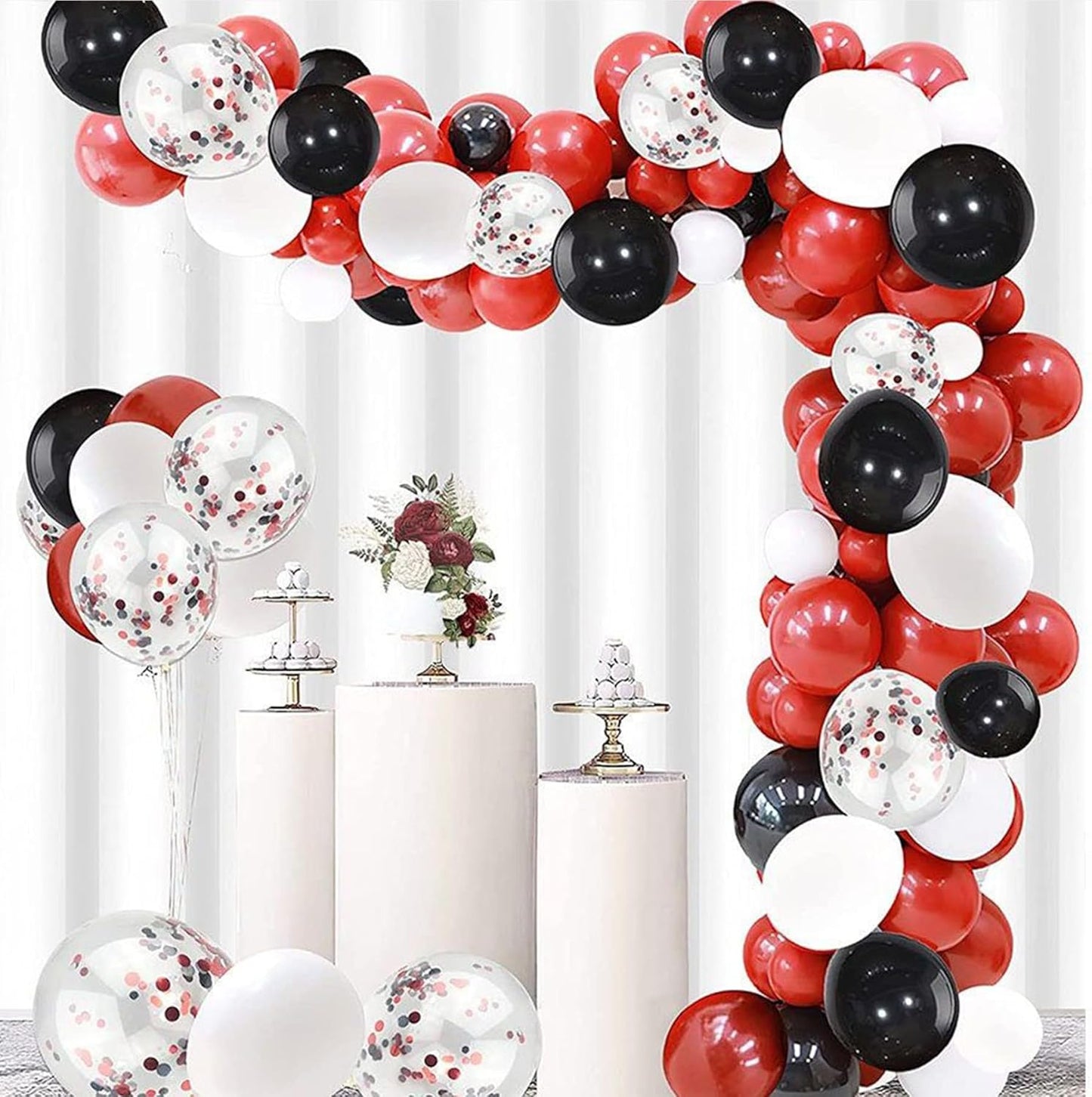 CANREVEL 50pcs 12 Inches Black Red Confetti Balloons Kit, Black Red White Party Balloons with Ribbons for Birthday, Wedding, Baby Shower, Graduation Decorations