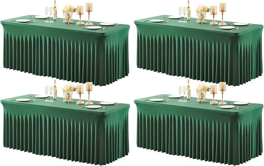 4 Packs Green Table Clothes for 6 Foot Rectangle Tables, One-Piece Wrinkle Resistant Stretch Spandex Table Covers Christmas Table Skirt for Event Banquet Wedding Birthday Party