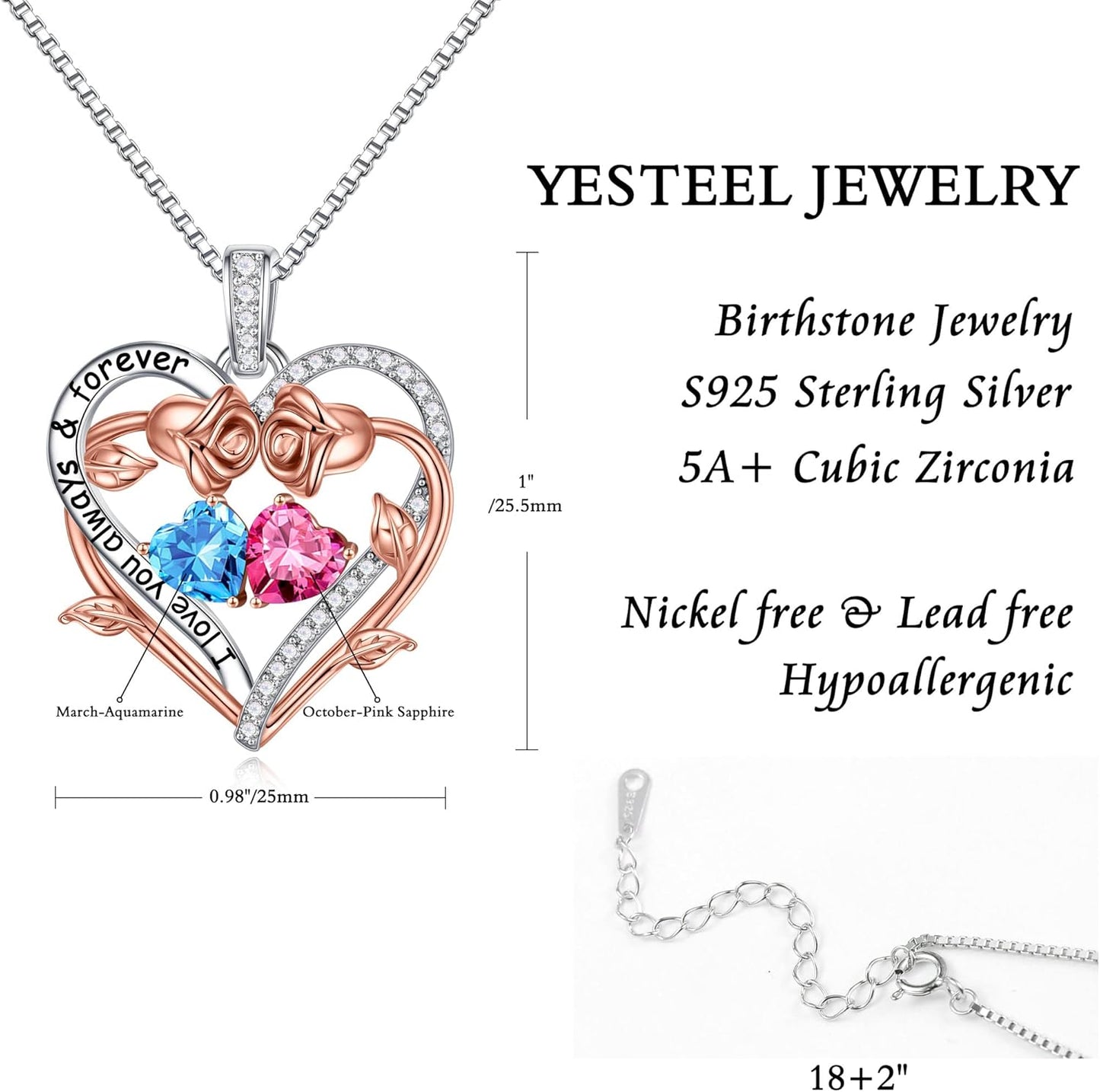 Iefil Rose Heart Double Birthstone Necklace Gifts for Wife Her Mom Women, Birthstone Jewelry Gemstone Birthday Gifts for Girlfriend Grandma Her Wife Women