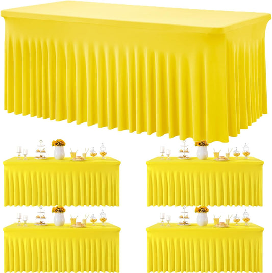 4 Pack Yellow Spandex Tablecloths for 6 Foot Rectangle Tables, Wrinkle Free Lemon Fitted Tablecover 6ft Stretchy Table Clothes Desk Skirt for Weddings Birthday Party Banquet Baby Shower