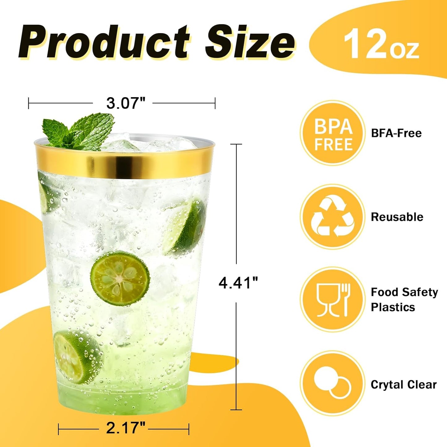 100 Pack 12 oz Gold Plastic Cups, Disposable Clear Plastic Cups for Cocktail Party With Heat Resistance (12oz 100count Gold)