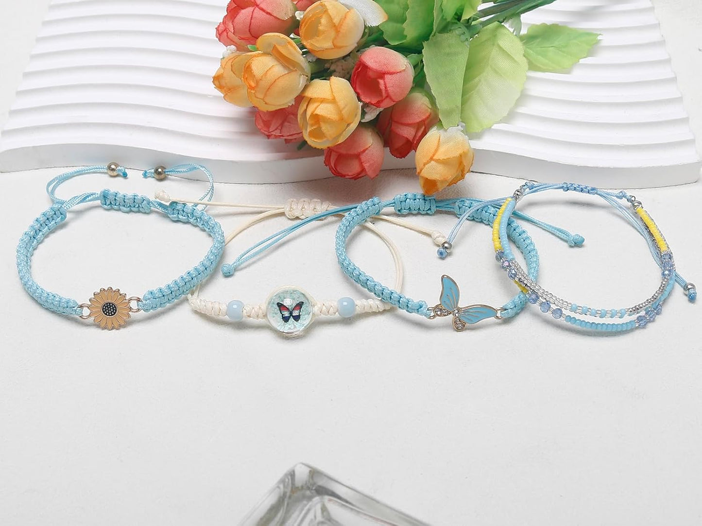 DS 4PCS String beads Charm Bracelets for Teen Girls Dainty cute cartoon Butterfly Daisy Eternal flower Beads Bracelets set for woman and girls Adjustable Stretch bracelet birthday Gift For Friends