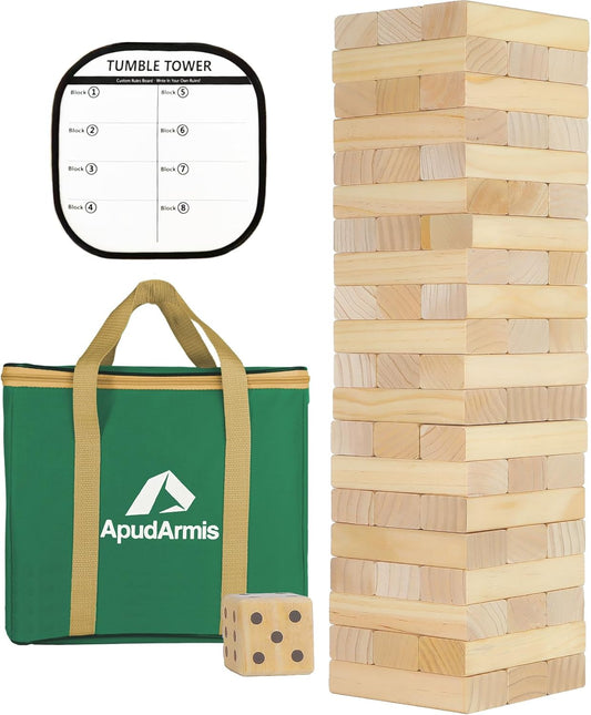 ApudArmis Giant Tumble Tower Stack to Over 5.2Ft, 60 PCS Pine Wooden Stacking Timber Tower,Classic Block Giant Outdoor Indoor Game for Adults, Fun Game at Backyard, Lawn, Party with Family & Friends