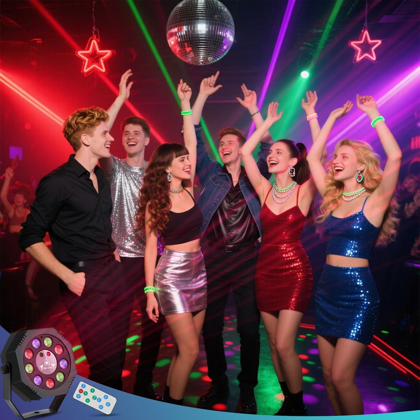 Party Light, Sound Activated DJ Lights with Remote Control, 9 LED Colorful Strobe Disco Light for Indoor Club Parties KTV Halloween Christmas Birthday Decorations Outdoor Glow