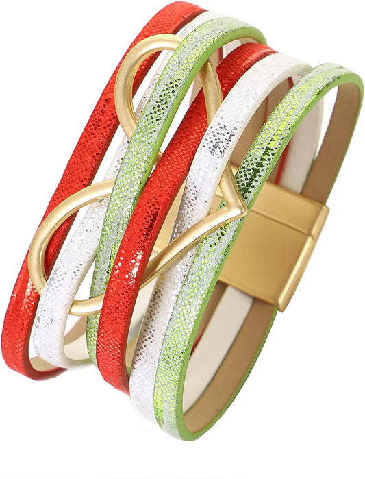 Leather Wrap Bracelet for Women Beaded Cuff Bracelet with Heart-shape Decor Bohemian Crystal Bracelet Jewelry with Clasp Bangle Bracelet for Women Girls Birthday Holiday Gift