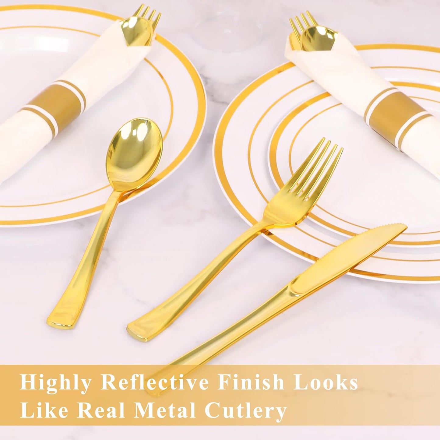 50 Pack Pre Rolled Gold Plastic Silverware Set,Wrapped Plastic Cutlery Set with Napkin Include 50 Forks,50 Spoons,50 Knives and 50 White Napkins for Party,Wedding
