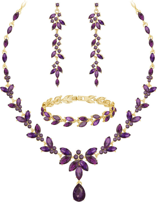 Wedding Jewelry Sets for Bride Bridesmaid Bridal Jewelry Set for Women Wedding Crystal Necklace Earrings Bracelet Set for Party Prom Jewelry