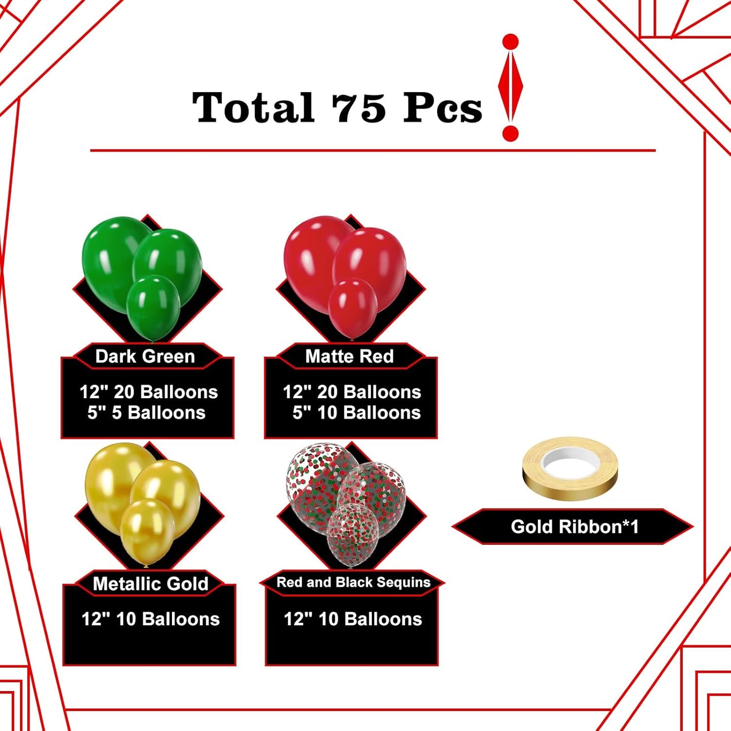 Red and Green Balloon, 75PCS Christmas Balloons, 12in and 5in Red Green and Gold Latex Balloons for Birthday,New Years,Christmas Eve Decorations