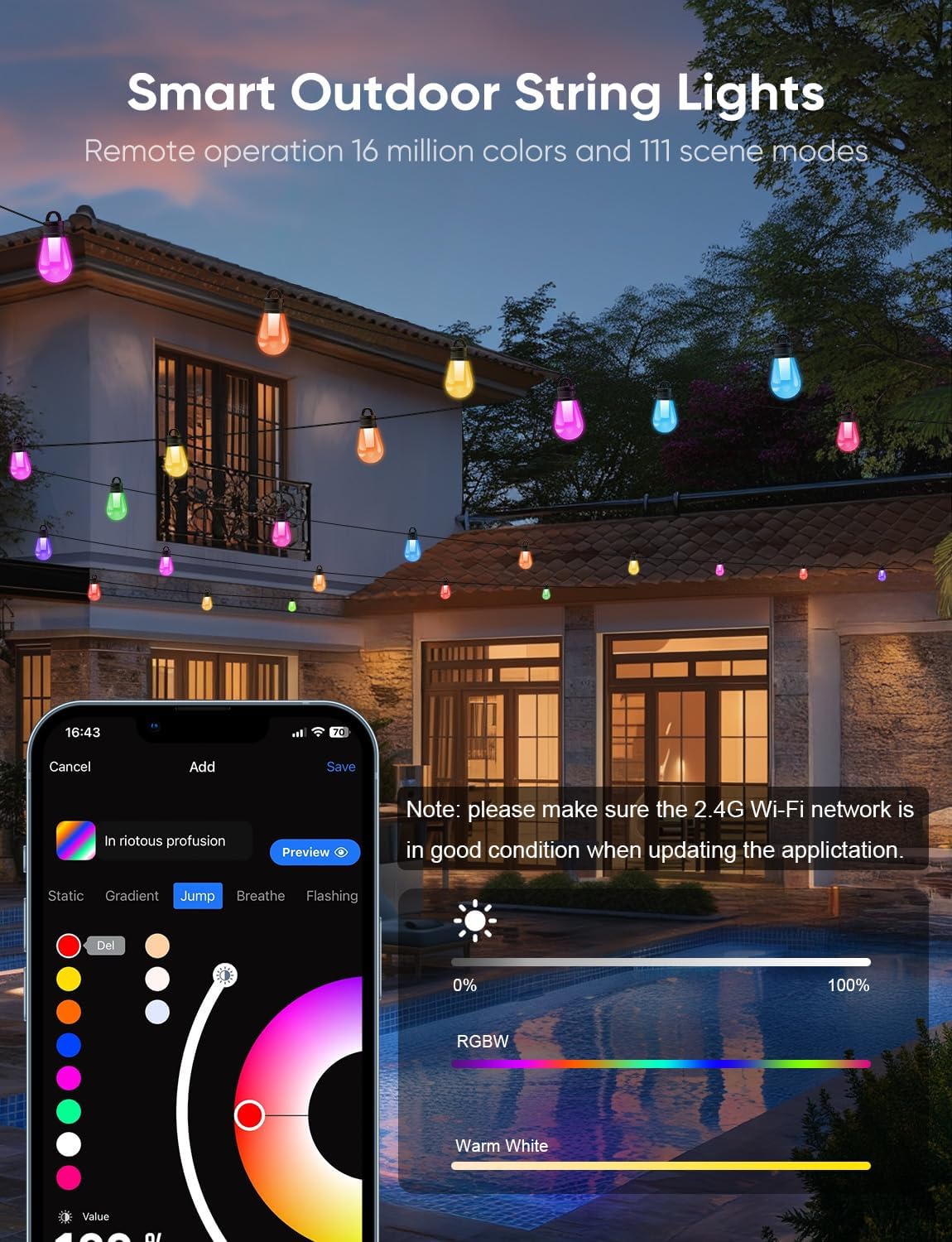 APPECK Smart Outdoor String Lights, 150ft Smart RGBW Outdoor Patio Lights with 45 LED Bulbs, Extendable, 111 Scene Modes, IP65 Waterproof Lighting for Outside, Halloween Decor, Compatible with Alexa