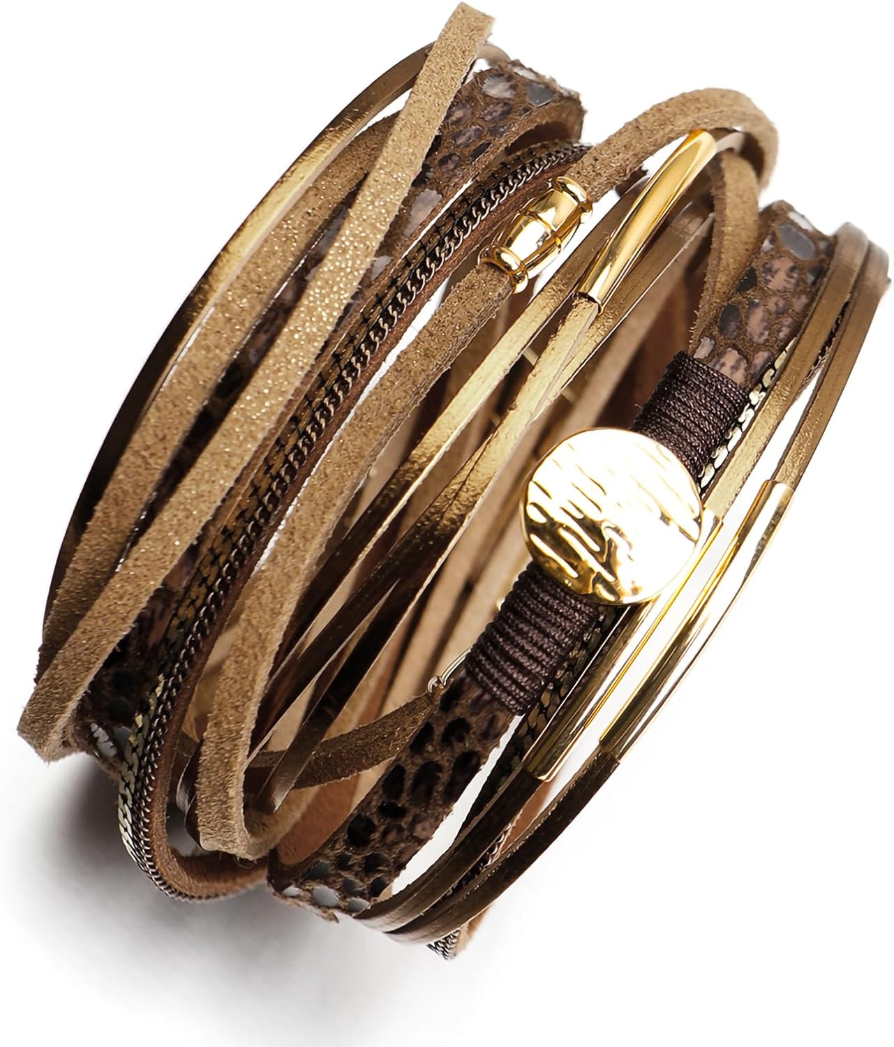 Fesciory Leopard Bracelet for Women, Boho Leather Wrap Multi-Layer Pearl Crystal Bracelet Bangle Jewelry