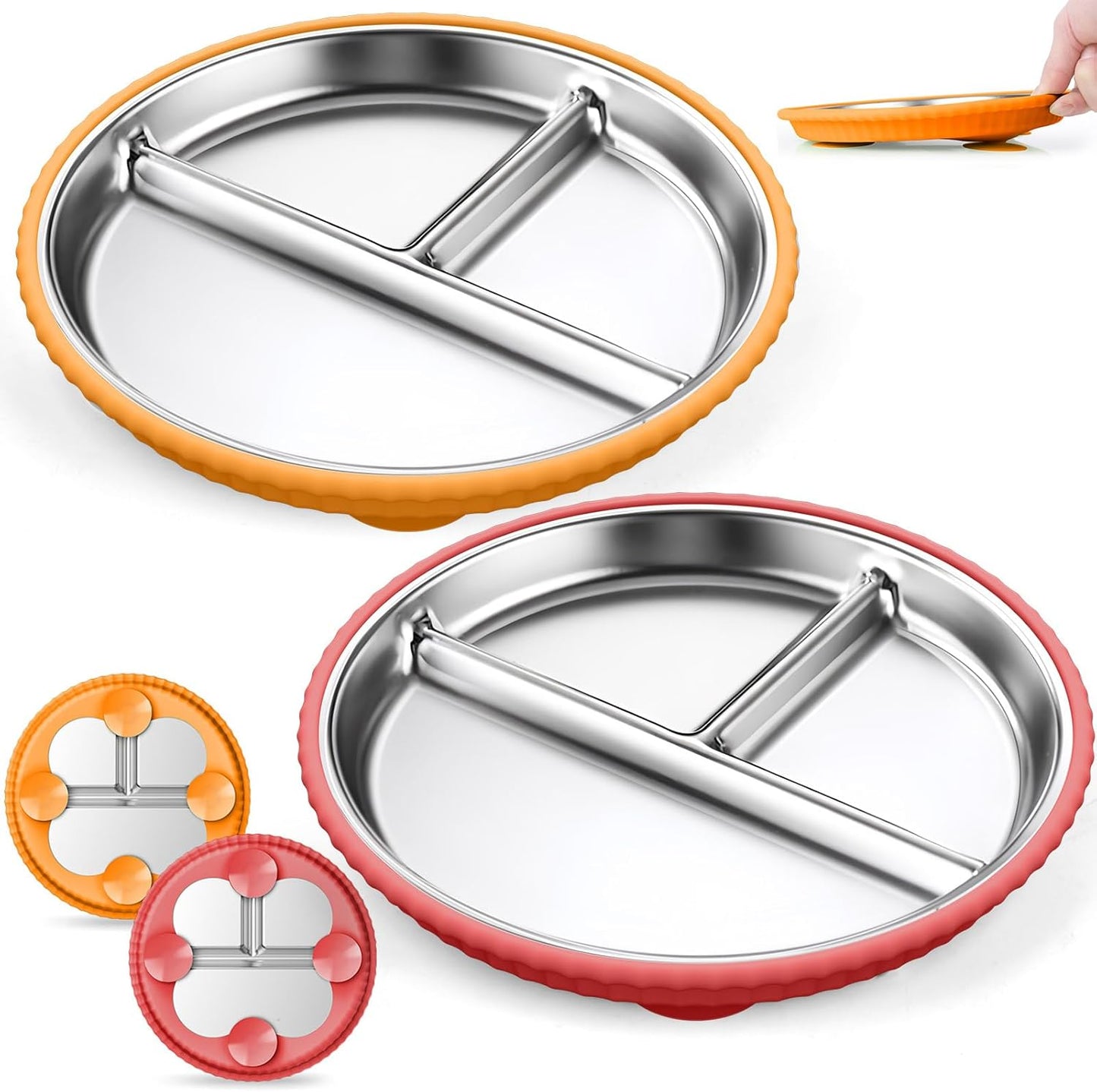 Stainless Steel Toddler Plates with Suction, 2Pack 9" Divided Kids Plates Removable Non Slip Silicone Sleeves Baby Feeding Led Weaning Supplies, BPA Free, Unbreakable Dishwasher Safe