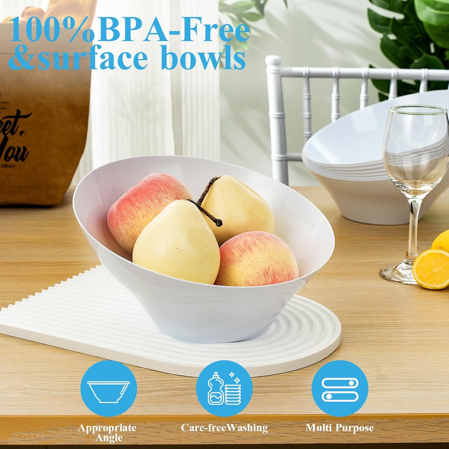 BESTVIP 54oz White Plastic Serving Bowls for Party - 12 Pack Angled Disposable Serving Bowls, Party Bowls for Chips, Snacks, Fruit, Salad - Bowls for Parties, Daily Use,Halloween, Christmas