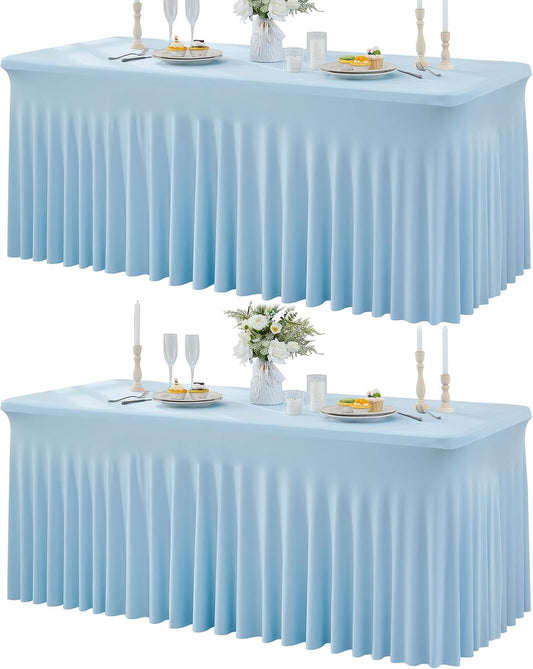 2Pack Baby Blue Spandex Table Clothes for 6 Foot Rectangle Tables, Fitted Table Cover 6ft Stretch Tablecloths Desk Skirt for Parties Weddings Birthday Banquet Baby Shower